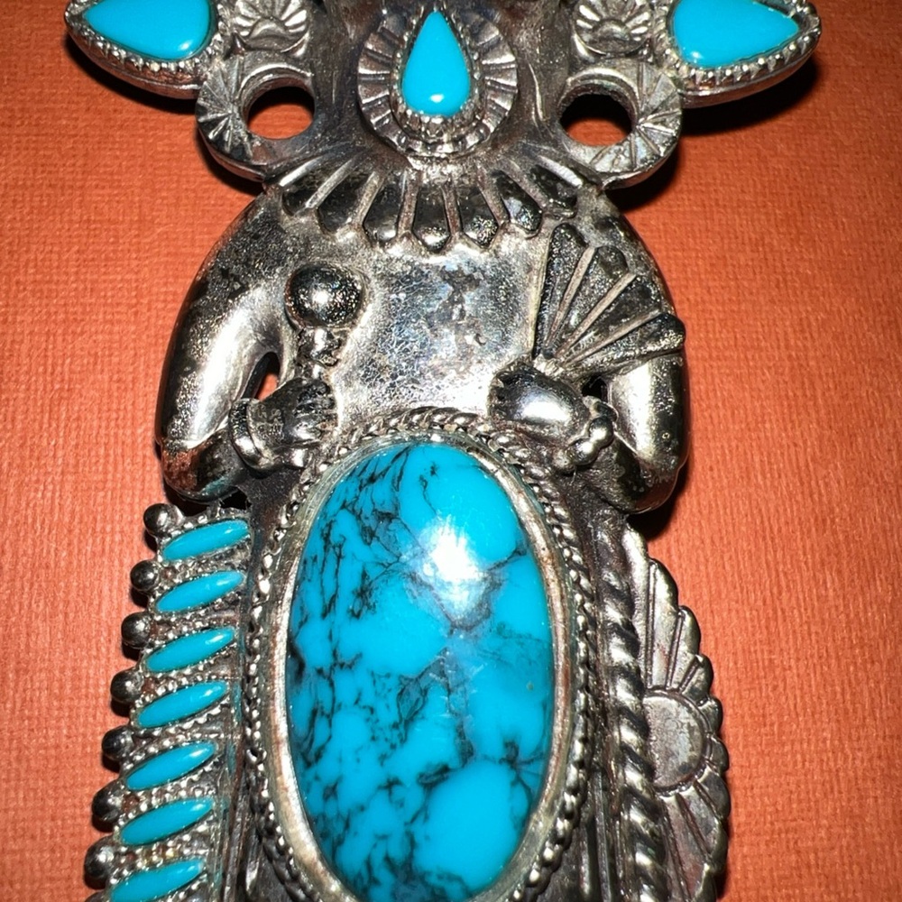 Vintage kachina Turquoise & Silver tone black braid Bolo Tie Necklace - Picture 7 of 8